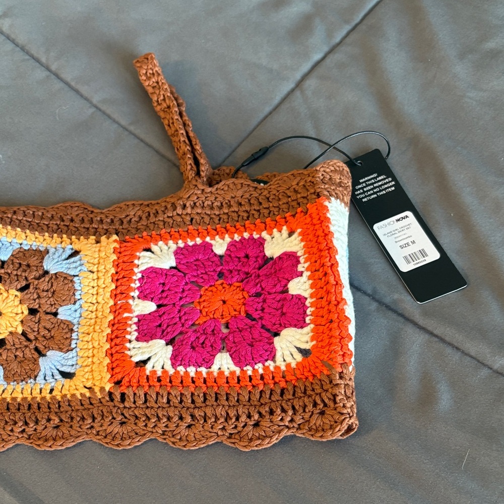 Crochet Bralette with Colorful Granny Squares M NEW Brown Boho Festival Crop Top - Picture 2 of 7